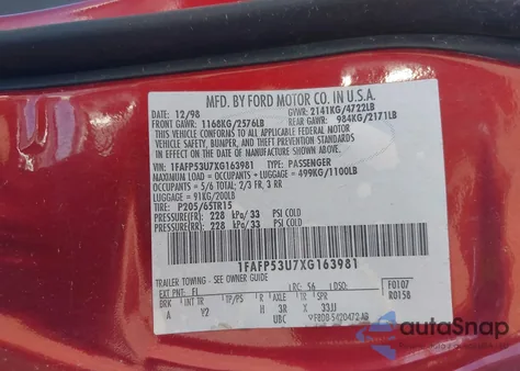 1999 Ford Taurus Se/Se-Ne из США, поврежденный, VIN 1FAFP53U7XG163981